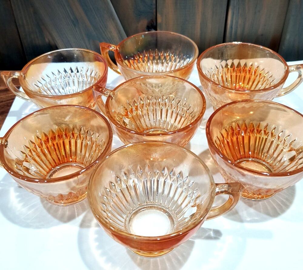 562. Set of 7 Punch Bowl Cups Marigold Carnival Glass Vintage